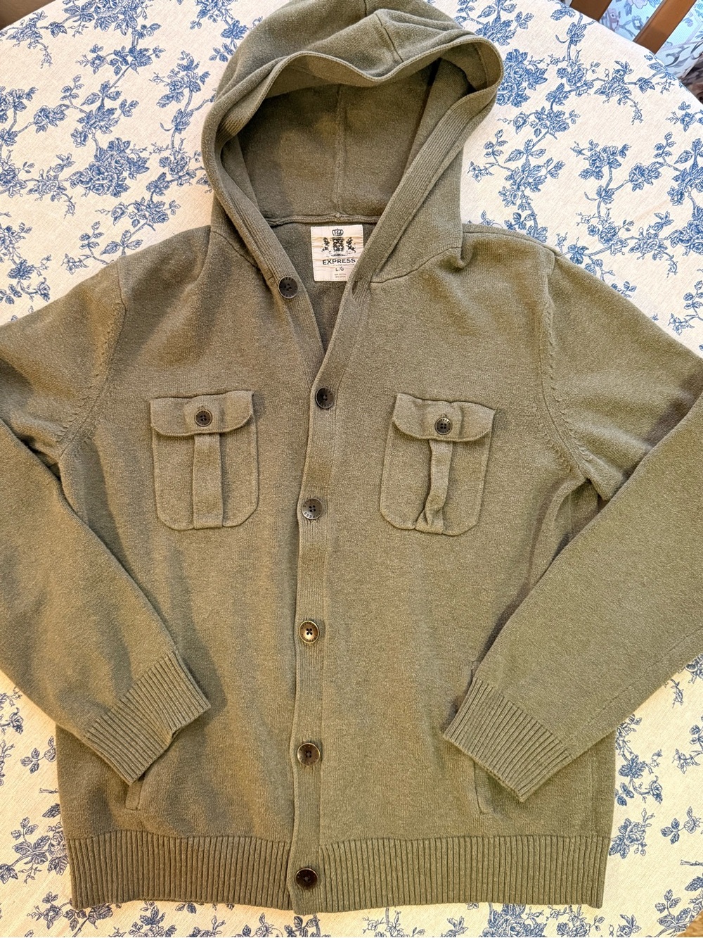 Express Olive Green Hooded Button-Front Cardigan
